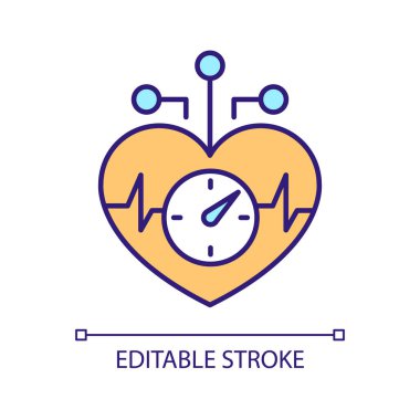 Kalp atışı ölçümü RGB renk simgesi. Kalp sağlığını kontrol et. Hasta durumunu gözlemliyorum. Kardiyoloji incelemesi. İzole vektör çizimi. Basit bir çizgi çizimi. Düzenlenebilir felç. Kullanılan Arial yazı tipi