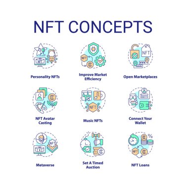 NFT konsept simgeleri ayarlandı. Engelleme teknolojisi. Siber uzay fikrinden para kazanmak ince çizgi renkli çizimler. İzole semboller. Düzenlenebilir felç. Kullanılan Roboto-Orta, Myriad Pro-Kalın yazı tipleri