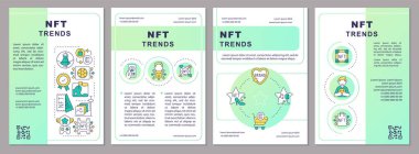 NFT eğilimleri yeşil eğimli broşür şürü. Blockchain ağı. Çizgisel simgeli broşür tasarımı. Sunum için 4 vektör düzeni, yıllık raporlar. Arial, Myriad Pro-Normal yazı tipleri kullanıldı