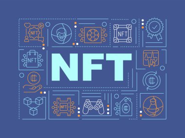 NFT pazarları kelime kavramları koyu mavi pankart. Kripto sanatı. Renk arkaplanında düzenlenebilir simgelere sahip bilgi grafikleri. İzole tipografi. Metinli vektör illüstrasyonu. Kullanılan Arial-Black yazı tipi