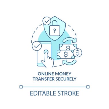 Çevrimiçi para transferi turkuaz konsept simgesi. İnternet bankacılığı. Anlık ödemeler soyut fikir ince çizgi çizimi. İzole bir taslak çizim. Düzenlenebilir felç. Arial, Myriad Pro-Kalın yazı tipleri