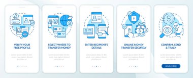 Mobil uygulama ekranına mavi para aktarılıyor. Dijital cüzdan 5 basamaklı düzenlenebilir grafik talimatları ve doğrusal kavramlar. UI, UX, GUI şablonu. Kullanılan sayısız Pro-Kalın, Düzenli yazı tipleri