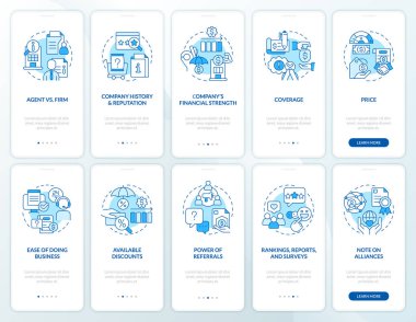 Sigorta şirketinin mobil uygulama ekranında mavi avantajları var. Doğrusal kavramlarla düzenlenebilir grafik yönergelerini 5 adımda gezdir. UI, UX, GUI şablonu. Kullanılan sayısız Pro-Kalın, Düzenli yazı tipleri