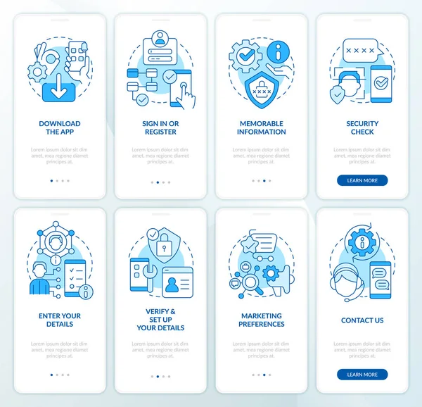 Services Bancaires Ligne Bleu Onboarding Mobile App Screen Set Marche — Image vectorielle