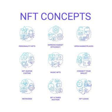 NFT mavi gradyan konsept simgeleri ayarlandı. Engelleme teknolojisi. Siber uzay fikrinden para kazanmak ince çizgi renkli çizimler. İzole semboller. Kullanılan Roboto-Orta, Myriad Pro-Kalın yazı tipleri
