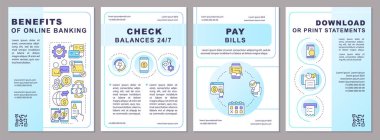 E bankacılık avantajları broşür şürü. İnternetten para transferleri. Çizgisel simgeli broşür tasarımı. Sunum için düzenlenebilir 4 vektör düzeni, yıllık raporlar. Arial, Myriad Pro-Normal yazı tipleri kullanıldı