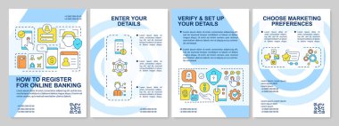 Bankacılık uygulaması kayıt mavi broşür şürü. Dijital cüzdan. Çizgisel simgeli broşür tasarımı. Sunum için düzenlenebilir 4 vektör düzeni, yıllık raporlar. Arial, Myriad Pro-Normal yazı tipleri kullanıldı