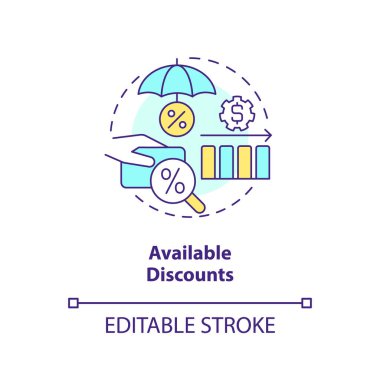 Kullanılabilir indirimler konsept simgesi. Sigorta şirketi. Müşteri sadakat programı soyut fikir ince çizgi çizimi. İzole bir taslak çizim. Düzenlenebilir felç. Arial, Myriad Pro-Kalın yazı tipleri