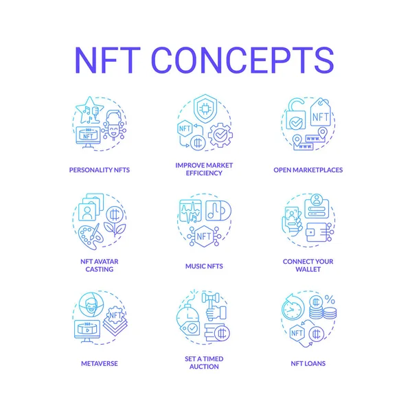 Nft Kék Gradiens Koncepció Ikonok Beállítva Blokkoláslánc Technológia Pénzt Kibertérben — Stock Vector
