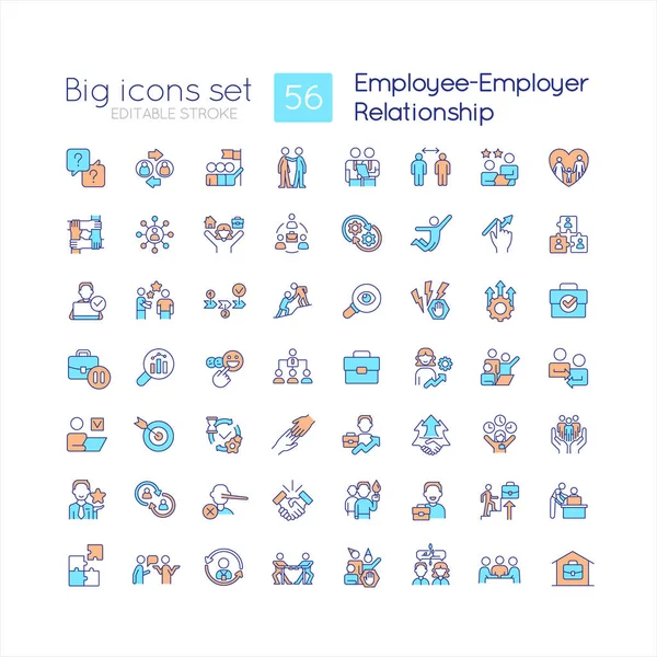 Stock vector Employee employer relationship RGB color icons set. Interaction with human resources. Isolated vector illustrations. Simple filled line drawings collection. Editable stroke. Quicksand-Light font use