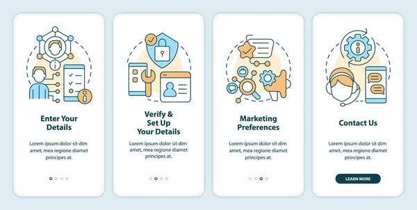 stock vector Online banking registration guide onboarding mobile app screen. Walkthrough 4 steps editable graphic instructions with linear concepts. UI, UX, GUI template. Myriad Pro-Bold, Regular fonts used