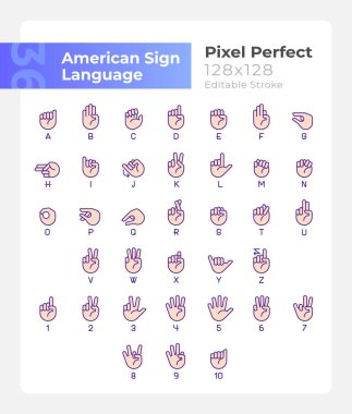 American sign language pixel perfect RGB color icons set. Communication. Isolated vector illustrations. Simple filled line drawings collection. Editable stroke. Montserrat Bold, Light fonts used clipart