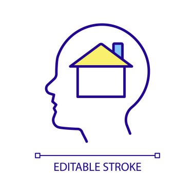 Eve RGB renk simgesi almayı planlıyorum. Ev avcılığı. Gayrimenkul. Satılık evler. Ev alıcısı rehberi. İzole vektör çizimi. Basit bir çizgi çizimi. Düzenlenebilir felç. Kullanılan Arial yazı tipi