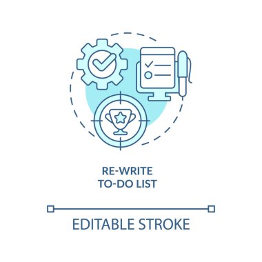Yapılacaklar listesi turkuaz konsept simgesini yeniden yaz. Hedefler belirleniyor. Zaman yönetimi fikri soyut ince çizgi çizimi. İzole bir taslak çizim. Düzenlenebilir felç. Arial, Myriad Pro-Kalın yazı tipleri
