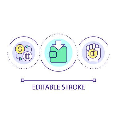 Kripto cüzdan döngüsü konsept simgesi aktarımları. Engelleme ağına yatırım. Soyut fikir alışverişi ince çizgi çizimi. İzole bir taslak çizim. Düzenlenebilir felç. Kullanılan Arial yazı tipi