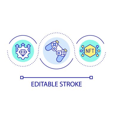 NFT oyun döngüsü konsepti simgesi. Sanal öge ve karakterlerin kilidini aç. Kripto işlemleri soyut fikir ince çizgi çizimi. İzole bir taslak çizim. Düzenlenebilir felç. Kullanılan Arial yazı tipi
