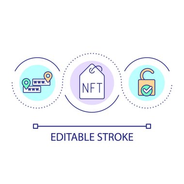 Açık NFT pazarları döngü konsepti simgesi. Kripto sanatı için platformlar. Engelleme teknolojisi soyut fikir ince çizgi çizimi. İzole bir taslak çizim. Düzenlenebilir felç. Kullanılan Arial yazı tipi