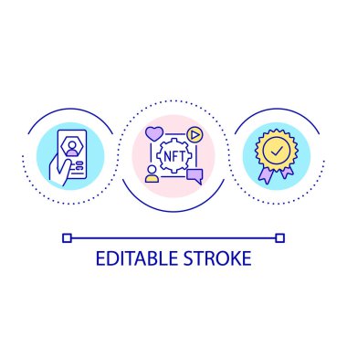 Sosyal ağlarda NFT 'ler döngü konsepti ikonu. Çevrimiçi iletişimde kripto sanatı. Siber uzay fikri soyut ince çizgi çizimi. İzole bir taslak çizim. Düzenlenebilir felç. Kullanılan Arial yazı tipi
