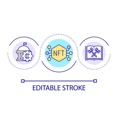 NFT pazar döngü konsepti ikonunun kanun düzenlemesi. İş koruması. Kripto işlem kontrolü soyut fikir ince çizgi çizimi. İzole bir taslak çizim. Düzenlenebilir felç. Kullanılan Arial yazı tipi
