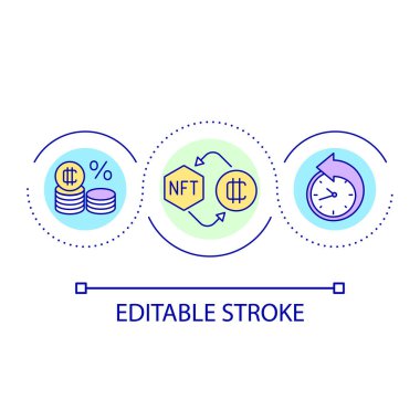 NFT döngü konsepti ikonunda krediler. Zaman kısıtlı mali destek. Kripto para aktarımları soyut fikir ince çizgi çizimi. İzole bir taslak çizim. Düzenlenebilir felç. Kullanılan Arial yazı tipi
