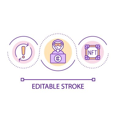 Sahtekarlık saldırı döngüsü konsepti ikonu tehlikesi. NFT pazarının savunmasızlığı. Kripto sanatı soyut fikri ince çizgi çizimi. İzole bir taslak çizim. Düzenlenebilir felç. Kullanılan Arial yazı tipi