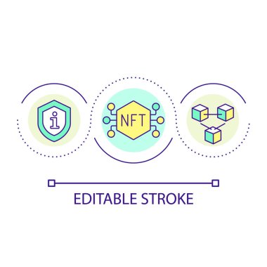Blockchain ağ döngüsü konsept ikonunda NFT. Dijital güvenliği arttırıyorum. Kripto para birimi soyut fikir ince çizgi çizimi. İzole bir taslak çizim. Düzenlenebilir felç. Kullanılan Arial yazı tipi