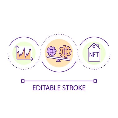 NFT endüstri döngü konsepti ikonu riskleri. Dengesiz piyasa analizi. Kripto sanat dezavantajları soyut fikir ince çizgili illüstrasyon. İzole bir taslak çizim. Düzenlenebilir felç. Kullanılan Arial yazı tipi