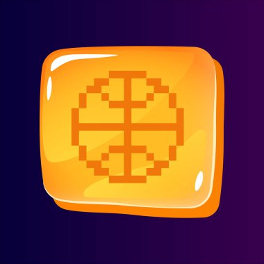 Pikselleştirilmiş ikonlu Basketbol ışıltılı ui tuşu. Spor envanteri. Parlak kare şeklinde düzenlenebilir 8bit grafik ögesi. Web ve mobil için izole edilmiş vektör arayüzü resmi. Retro tarzı oyun tasarımı