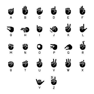 Letters in American sign language black glyph icons set on white space. Gestures for alphabet. Communication process. Silhouette symbols. Solid pictogram pack. Vector isolated illustration clipart