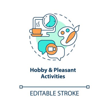 Hobi, hoş aktiviteler konsept ikonu. Rahatlama zamanı. İşten izin al. Özet olarak ince çizgi çizimi. İzole bir taslak çizim. Düzenlenebilir felç. Arial, Myriad Pro-Kalın yazı tipleri
