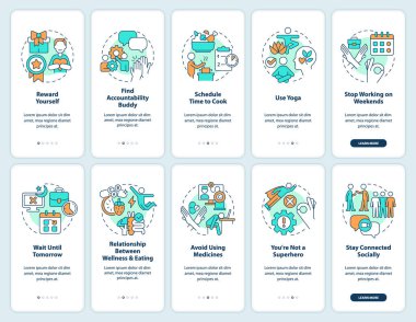 Uzaktan çalışan refahı mobil uygulama ekranında. Doğrusal kavramlarla düzenlenebilir grafik yönergelerini 5 adımda gezdir. UI, UX, GUI şablonu. Kullanılan sayısız Pro-Kalın, Düzenli yazı tipleri