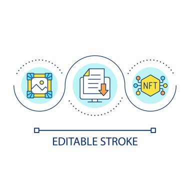 Kripto sanat eserleri döngü konsepti simgesi satıyor. NFT portföy oluşturma. Engelleme ağı soyut fikir ince çizgi çizimi. İzole bir taslak çizim. Düzenlenebilir felç. Kullanılan Arial yazı tipi