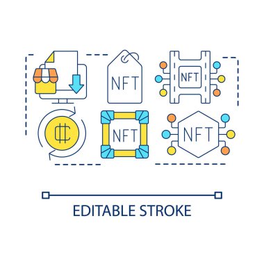 NFT satış konsepti simgesini başlat. Pazar yerinde portföy oluşturun. Kripto sanat yönetimi soyut fikir ince çizgi çizimi. İzole bir taslak çizim. Düzenlenebilir felç. Kullanılan Arial yazı tipi