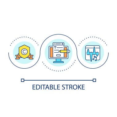 Fikri mülkiyet koruma döngüsü kavramı simgesi. Sanat güvenliği devrede. İçerik oluşturma fikri soyut ince çizgi çizimi. İzole bir taslak çizim. Düzenlenebilir felç. Kullanılan Arial yazı tipi