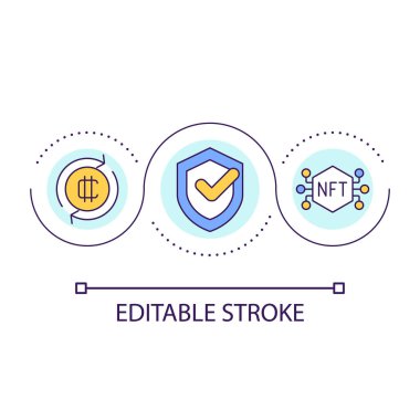 NFT döngü konsept simgesi ile güvenli işlemler. Blockchain 'deki siber güvenlik. Dijital güvenlik fikri soyut ince çizgi çizimi. İzole bir taslak çizim. Düzenlenebilir felç. Kullanılan Arial yazı tipi