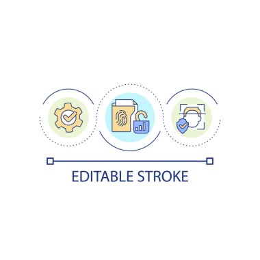Biyometrik doğrulama döngüsü konsepti simgesi. Bankacılık tamam. Uygulama güvenli. Erişim kontrol sistemi soyut fikir ince çizgi çizimi. İzole bir taslak çizim. Düzenlenebilir felç. Kullanılan Arial yazı tipi