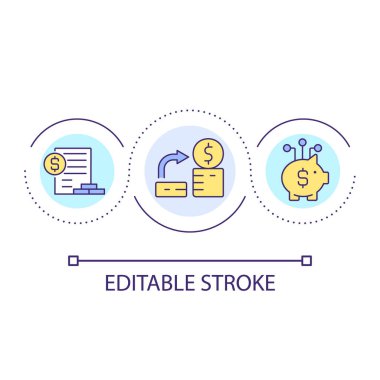 Para tasarrufu alışkanlıkları döngü konsepti simgesi. Bütçeyi optimize et. Ekonomik okuryazarlığı geliştir. Finansal büyüme soyut fikir ince çizgi çizimi. İzole bir taslak çizim. Düzenlenebilir felç. Kullanılan Arial yazı tipi