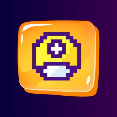 Pikselleştirilmiş renk simgesiyle kişisel sayfa parlak ui düğmesi. Sosyal medyada profil fotoğrafı. Parlak cam dikdörtgen şeklinde düzenlenebilir 8bit grafik ögesi. Oyun salonu ve video oyun tasarımı için izole edilmiş resim