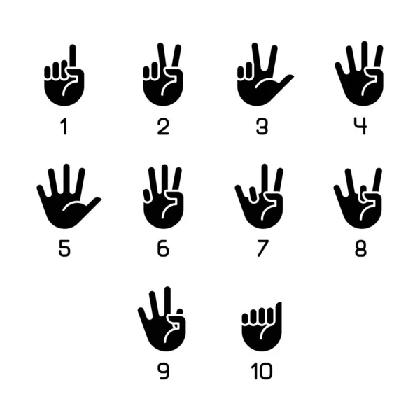 Ziffern Amerikanischer Zeichensprache Schwarze Glyphen Symbole Auf Weißem Raum Zahlen — Stockvektor