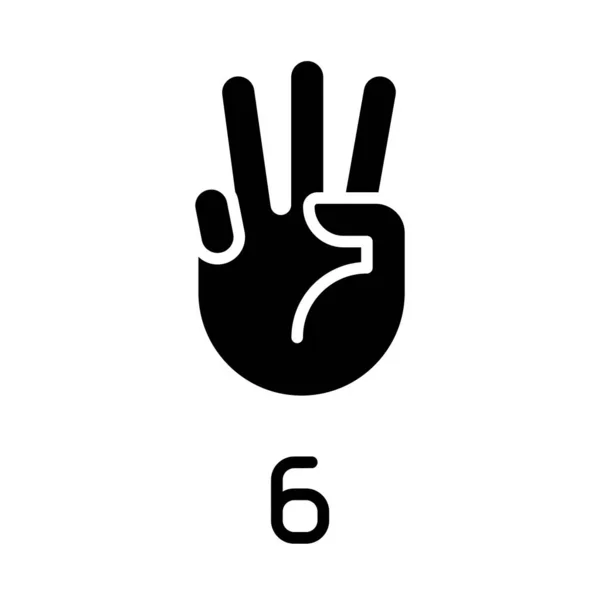 6をアメリカの記号言語の黒いグリフアイコンで表示します カウントのための視覚的なモダリティ 非言語コミュニケーション 白い空間にシルエットのシンボル 絵文字が固い ベクトル分離図 — ストックベクタ