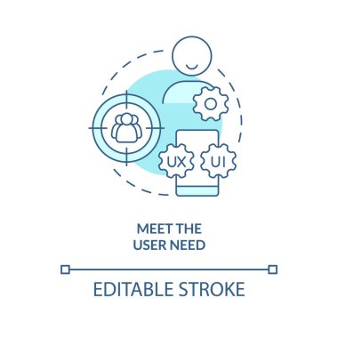 Kullanıcıya turkuaz konsept simgesi lazım. İnsan odaklı. Uygulama kullanılabilirliği. UX tasarım kuralı soyut fikir ince çizgi çizimi. İzole bir taslak çizim. Düzenlenebilir felç. Arial, Myriad Pro-Kalın yazı tipleri