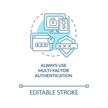 Çoklu-faktör kimlik doğrulama turkuaz konsept simgesi kullan. Güvenlik soyut fikri ince çizgi çizimini hesapla. İzole bir taslak çizim. Düzenlenebilir felç. Arial, Myriad Pro-Kalın yazı tipleri
