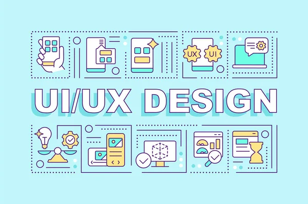 UX UI kelime tasarımı turkuaz pankart kavramları. Kullanıcı deneyimi ilkeleri. Renk arkaplanında düzenlenebilir simgelere sahip bilgi grafikleri. İzole tipografi. Metinli vektör illüstrasyonu. Kullanılan Arial-Black yazı tipi