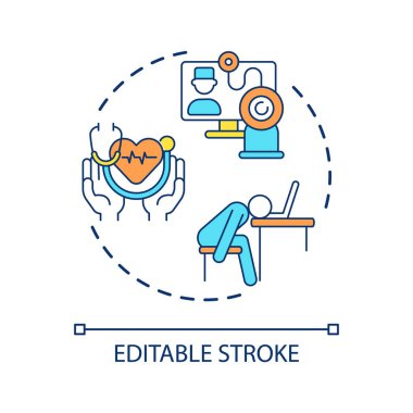 Online doktor atama konsepti ikonu. Dijital tıp. Kendi kendini tedavi etmekten kaçın. Kronik yorgunluk soyut fikir ince çizgi çizimi. İzole bir taslak çizim. Düzenlenebilir felç. Kullanılan Arial yazı tipi