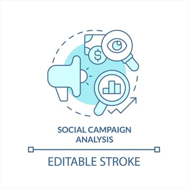 Sosyal kampanya analiz turkuvaz konsept ikonu. Ölçüm etkinliği soyut fikir ince çizgi çizimi. İzole bir taslak çizim. Düzenlenebilir felç. Arial, Myriad Pro-Kalın yazı tipleri