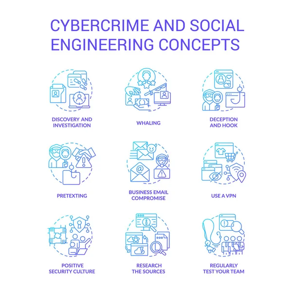 Cybercrime Social Engineering Blue Gradient Concept Icons Set Digitální Bezpečnost — Stockový vektor