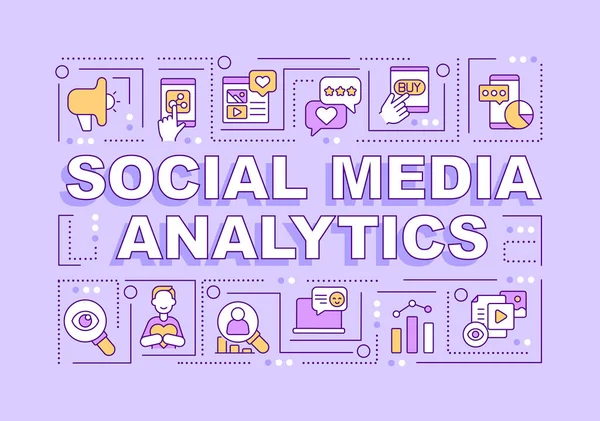 stock vector Social media analytics word concepts purple banner. Audience research. Infographics with editable icons on color background. Isolated typography. Vector illustration with text. Arial-Black font used