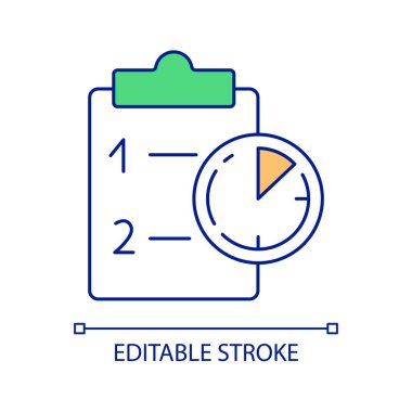 Zaman yönetimi RGB renk simgesi. Çalışma programı. Liste yapmak için. İş planlama. Son teslim tarihi belirleniyor. İzole vektör çizimi. Basit bir çizgi çizimi. Düzenlenebilir felç. Kullanılan Arial yazı tipi