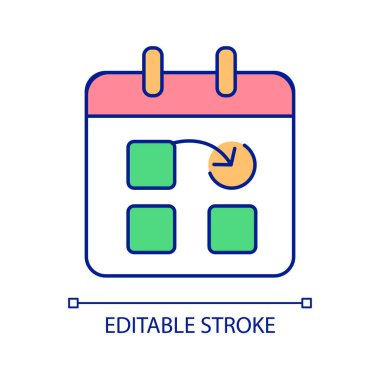 Takvim planlama RGB renk simgesi. Son teslim tarihi belirleniyor. Olay tarihini değiştir. Zaman yönetimi. Program tahtası. İzole vektör çizimi. Basit bir çizgi çizimi. Düzenlenebilir felç. Kullanılan Arial yazı tipi