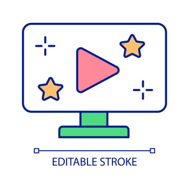 Çevrimiçi yayın hizmeti RGB renk simgesi. İnternet eğlencesi. Dijital medya. Bilgisayarda video izliyorum. İzole vektör çizimi. Basit bir çizgi çizimi. Düzenlenebilir felç. Kullanılan Arial yazı tipi